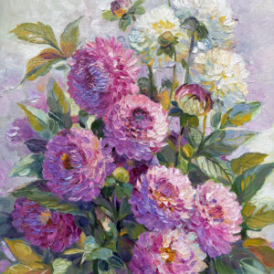 Purple and pink dahlias with green foliage in an oil painting by Yana Barantsava.
