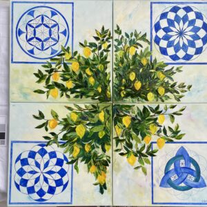 Four-panel composition of lemon branches and blue geometric motifs by Galina Orlova.
