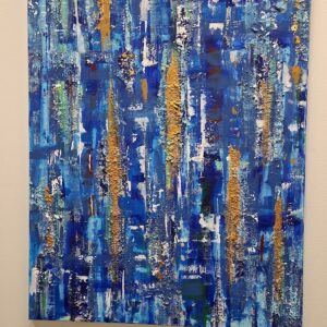 Layered blue abstract painting with gold leaf and pale vertical marks by Maritta Neronin.