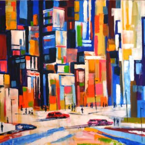 Colourful urban buildings above a street with cars in The City's Colorful Pulse by Lada Kholosho.