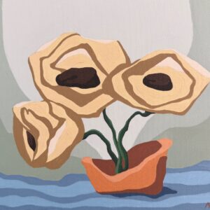 Three stylised flowers travelling in an orange boat on blue water in Little Boat by Alena Masyutina.