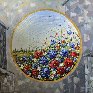 Golden circle enclosing colourful flowers against a grey-blue ground in Portal by Olha Liashko.